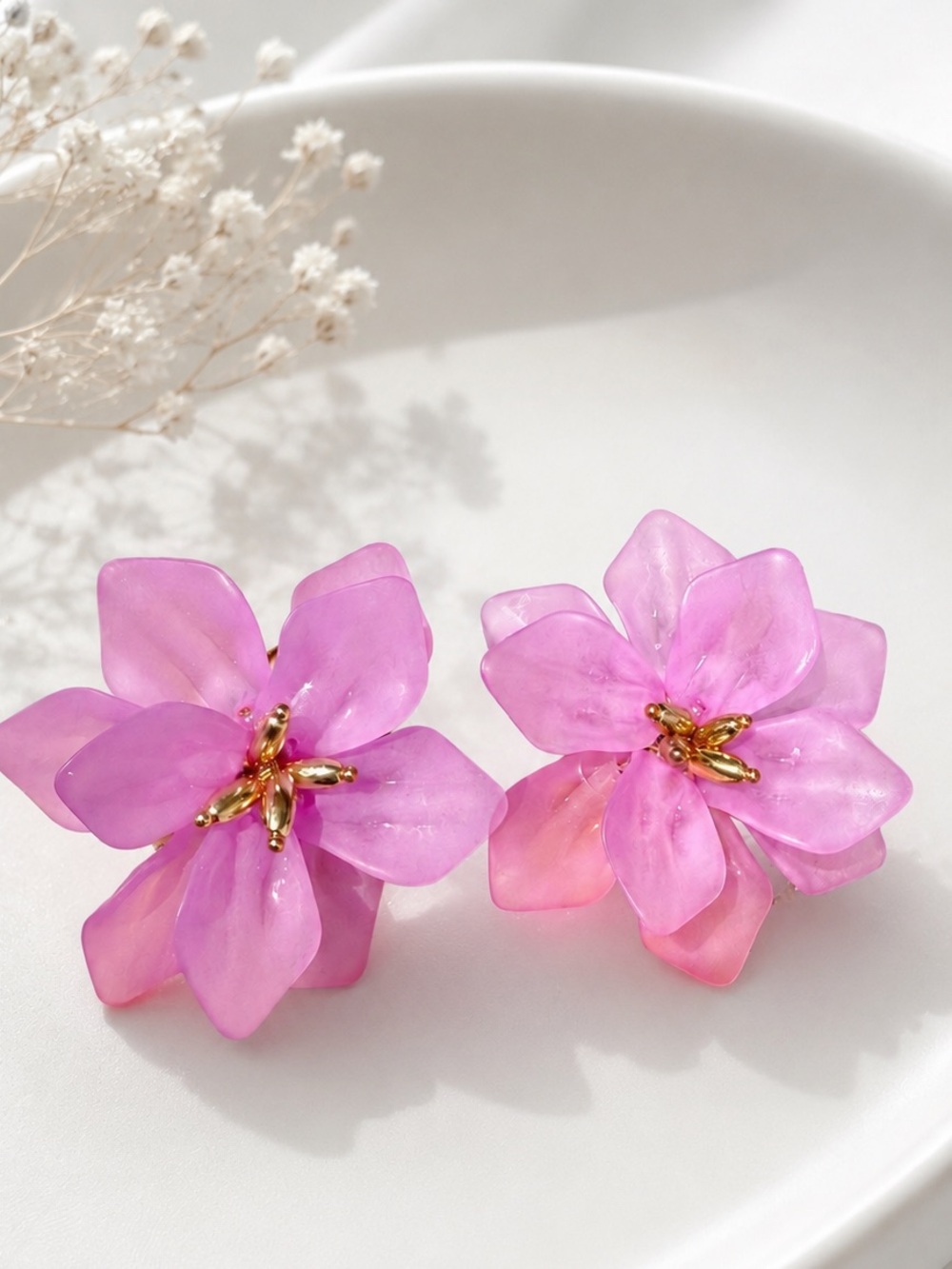 Anthropologie Pink Floral Drop Earrings with Gold Accents